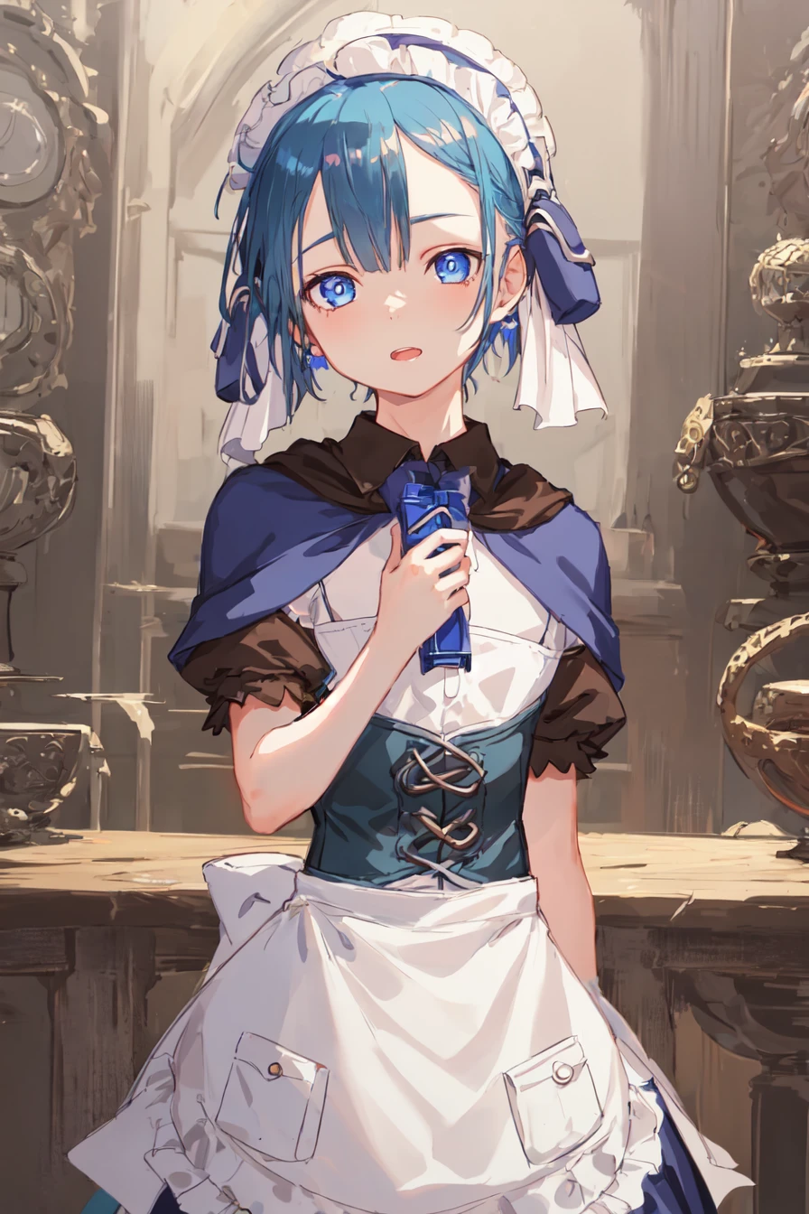 1boy, upper body, Maruruk, blue eyes, otoko no ko, maid headdress, capelet, short sleeves, maid, apron, corset, (pouch hat covering ears:1.3), <lora:Maruruk_Made_in_Abyss-000009:0.85>, highres, sharp focus, pixiv masterpiece, ((intricate details)), highly detailed,