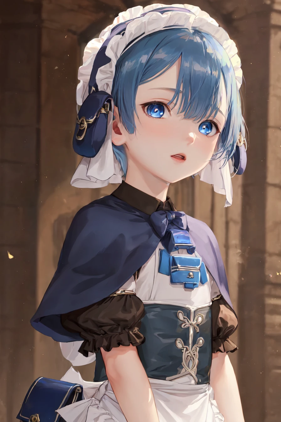 1boy, upper body, Maruruk, blue eyes, otoko no ko, maid headdress, capelet, short sleeves, maid, apron, corset, (pouch hat covering ears:1.3), <lora:Maruruk_Made_in_Abyss-000009:0.85>, highres, sharp focus, pixiv masterpiece, ((intricate details)), highly detailed,