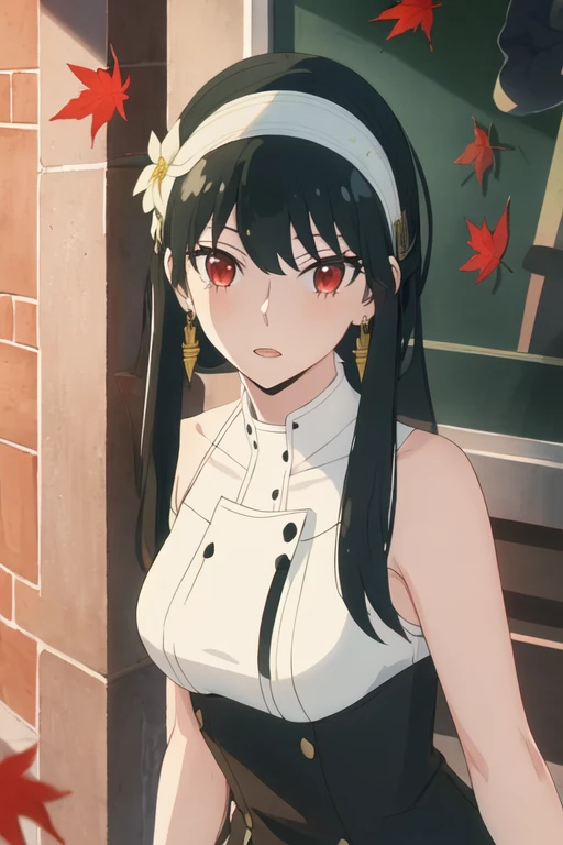 best quality, masterpiece, highres, solo, {yor_briar_spyxfamily:1.15}, black_hair, hairband, red_eyes, sidelocks, white_hairband, jewelry, earrings, bangs, long_hair, 1girl, bare_shoulders, hair_ornament, fingerless_gloves, flower, gloves, hair_flower, black_dress, black_gloves, dress, looking_at_viewer, upper_body, breasts, holding, leaf, sleeveless