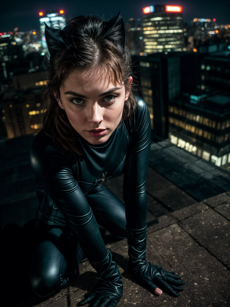 Analogue photo of a young catwoman age of 24, (superhero:1.2), (well fit spandex costume), (detailed face features), fearsome person, on the building roof, city, nightime (searching), full-body, rembrandt lighting, from above, (8K, RAW photo, best quality, masterpiece:1.2), (realistic, photo-realistic:1.4), ultra-detailed (grainy:0.1) <lora:add_detail:1> <lora:epi_noiseoffset2:1>