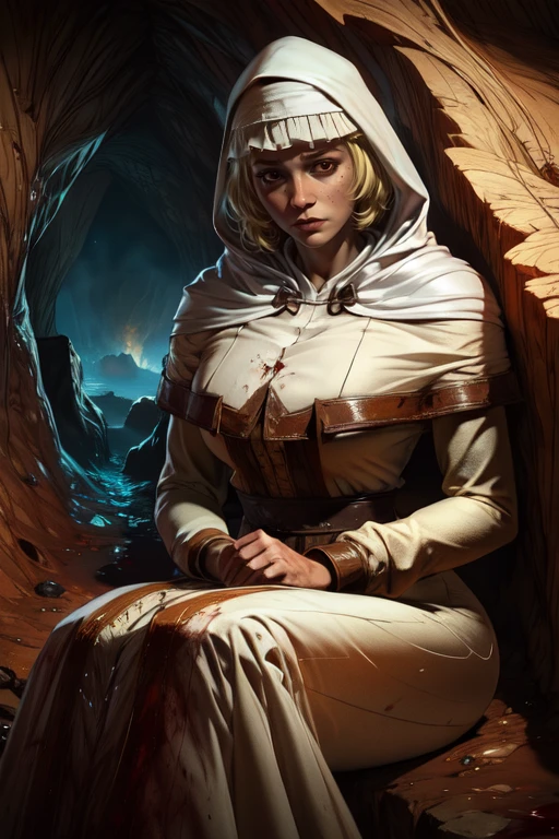 astrea, blonde hair, blunt bangs, brown eyes
hood, white dress,
solo, sitting, long sleeves,
dark cave, blood, horror \(theme\),
(insanely detailed, beautiful detailed face, masterpiece, best quality) cinematic lighting,
<lora:astrea:0.8>