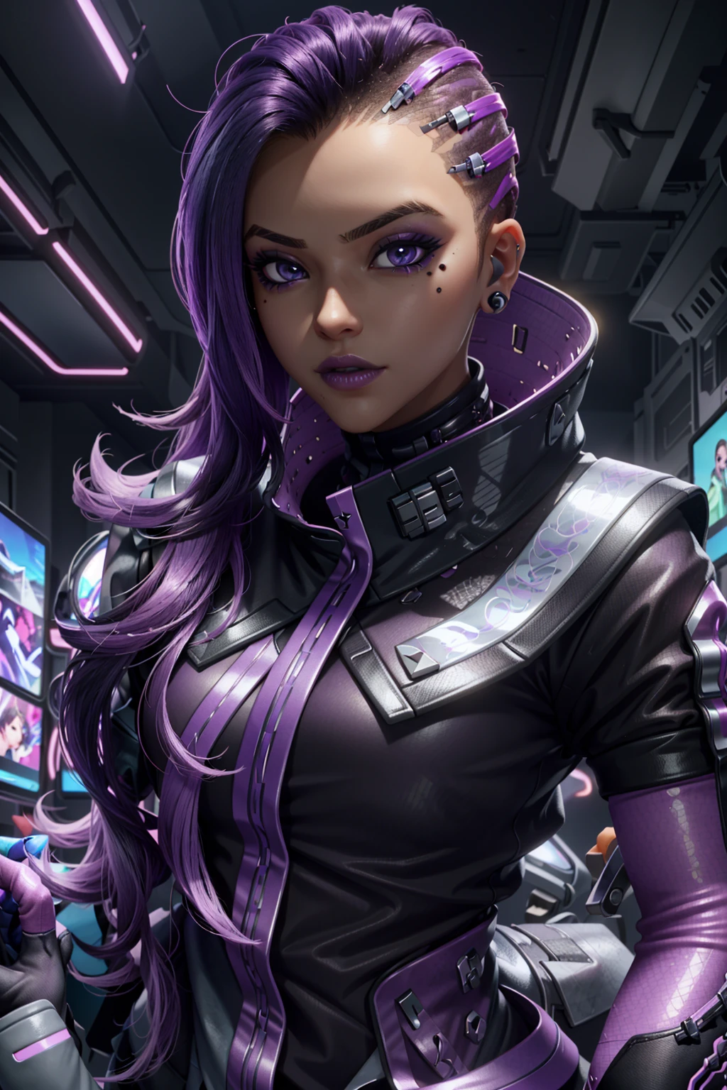 SombraOver, 1girl, solo, mole, dark skin, dark-skinned female, mole under eye, purple hair, makeup, asymmetrical hair, purple lips, purple eyes, undercut, eyeshadow, lipstick, multicolored hair, two-tone hair, holographic interface, gloves, looking at viewer, high collar, long hair, hologram
<lora:epi_noiseoffset2:1>, <lora:SombraOver:0.7>