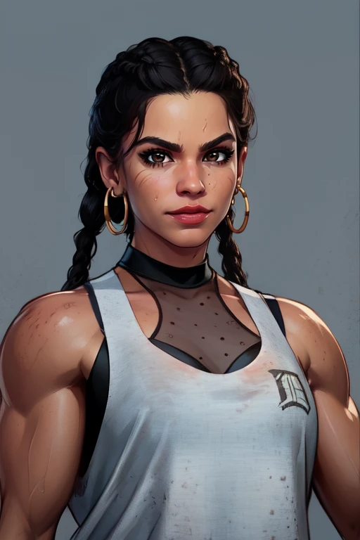 carla, black hair, brown eyes, twin braids, looking at viewer,
white tank top, choker, hoop earrings, biceps,
toned, upper body, smile, serious, fierce,
vibrant background, amusement park, solo, morning,
(insanely detailed, beautiful detailed face, masterpiece, best quality) cinematic lighting,
<lora:carla:0.8>