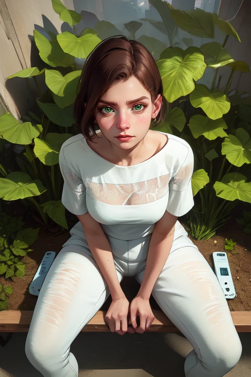 beta, green eyes, short brown hair, 
white shirt, short sleeves,  white pants, shoes, 
upper body,solo, sitting,  from above, 
underground bunker, science fiction,  plants, computers, 
(insanely detailed, beautiful detailed face, masterpiece, best quality),    <lora:beta-10V3:0.7>