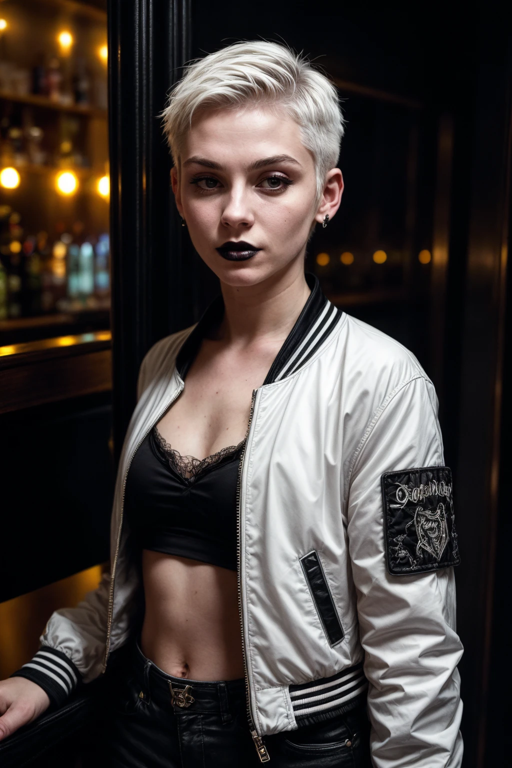Candid photo of a you woman age of 19, (goth woman:1.2), (short white hair), (detailed face features), fun person, (wearing neon jacket), in a bar, upperbody, 90's room decoration, rembrandt lighthing, from above (8K, RAW photo, best quality, masterpiece:1.2), (realistic, photo-realistic:1.4), ultra-detailed (grainy:0.2) <lora:add_detail:1> <lora:epi_noiseoffset2:1>