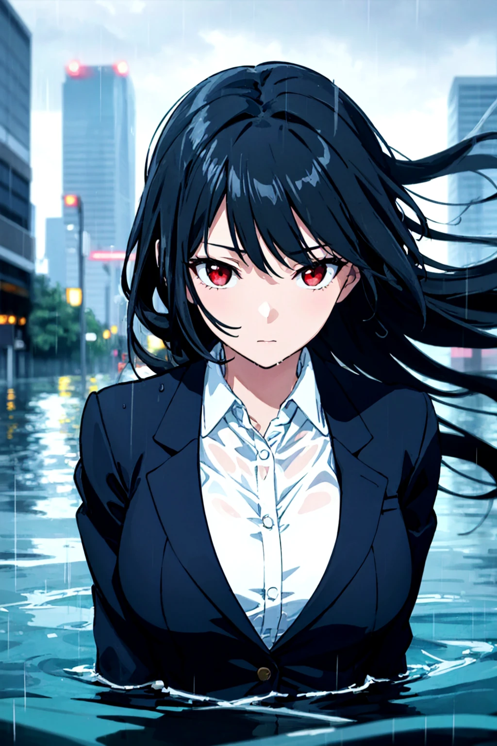 (masterpiece, best quality,) 1girl,
long hair, black hair, red eyes, large breasts, suit jacket, shirt,
rain, flood, cityscape, depth of field, wind, storm, close-up, partially underwater shot,