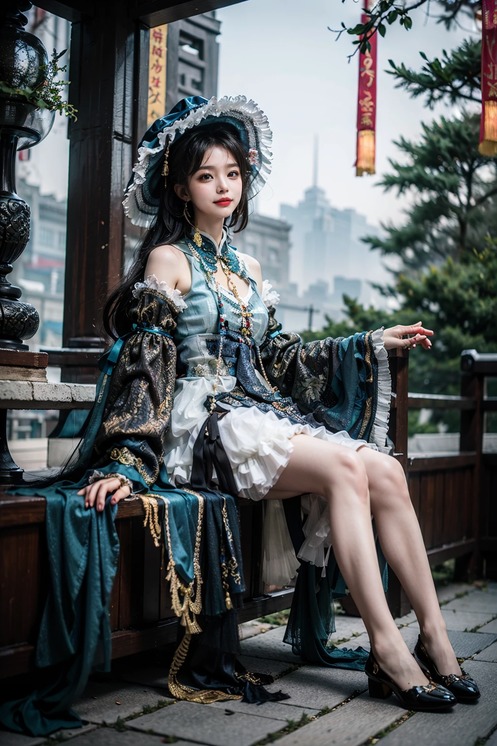 best quality, quality, masterpiece, photorealistic, arms at side, 1girl, solo, full body, cns attire, layered dress, hat, detached sleeves, wide sleeves, jewelry, black pantyhose, detailed background, chinese garden, water, tress, <lora:cns_attire_style7_v1:0.65>