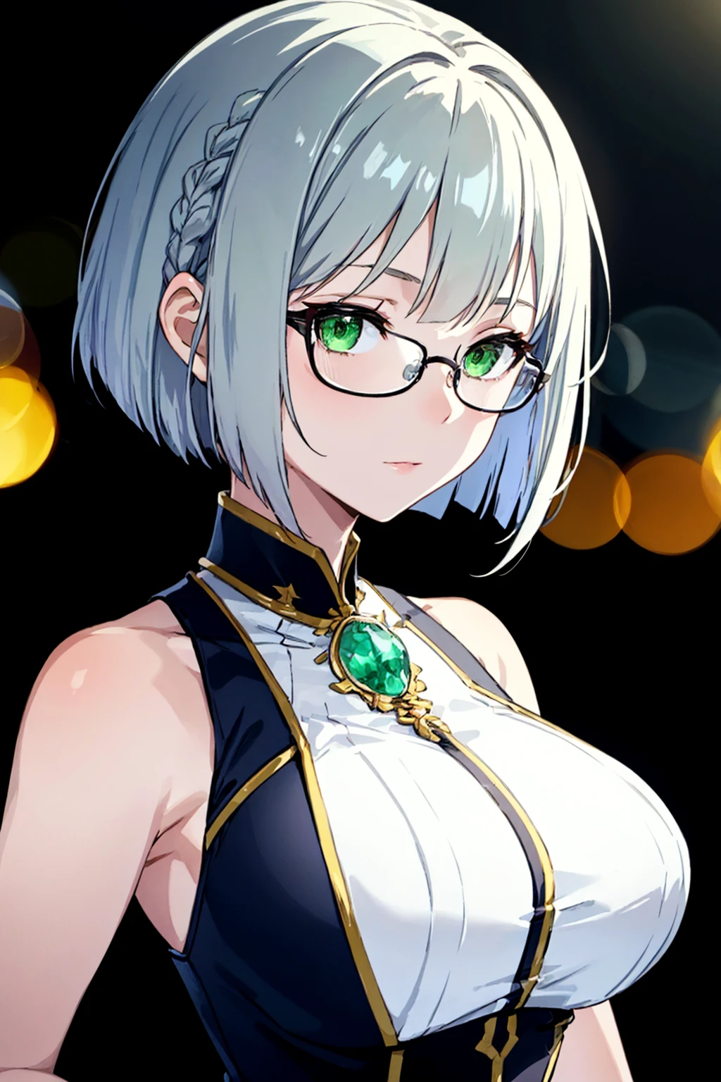 (masterpiece, best quality,) 1girl,
short hair, green eyes, silver hair, bob cut, braid, glasses, large breasts, sleeveless, dress, fantasy,
portrait, night, bokeh,