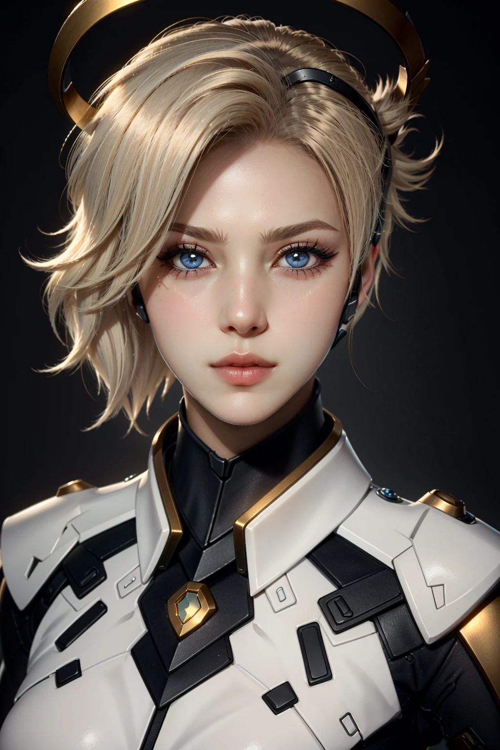 MercyOver, 1girl, solo, mercy (overwatch), mechanical halo, blue eyes, halo, portrait, blonde hair, realistic, nose, short hair, lips, eyelashes, bodysuit, makeup, closed mouth, black background, simple background, looking at viewer
<lora:epi_noiseoffset2:1>,  <lora:MercyOver:0.7>