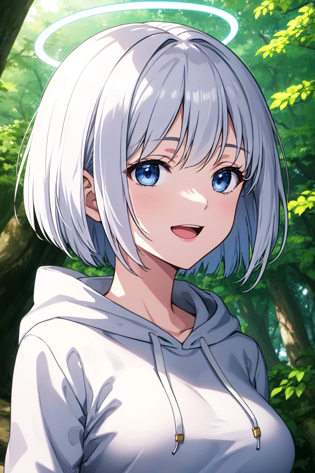 masterpiece, best quality, cute, petite,
short hair, bob cut, silver hair, blue eyes, denim, hoodie, large breasts, halo, smile, long sleeves, heavy breathing, open mouth, 
wind, depth of field, forest, close-up, portrait,