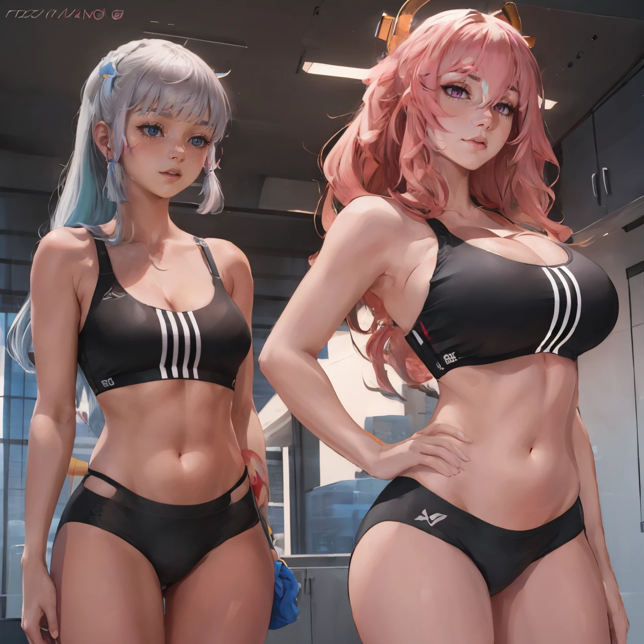 Highly detailed, High Quality, Masterpiece, beautiful, IncrsMediumSupportMeme, <lora:MediumSupportMeme:1>, multiple girls, 2girls, navel, cleavage, large breasts, black sports bra, small breasts,
BREAK sports bra, kamisato_ayaka, <lora:Char_GenshinImpact_KamisatoAyaka:0.8>, white hair,
BREAK, sports bra, yae miko, pink eyes, long hair, pink hair, animal ears, <lora:Char_GenshinImpact_YaeMiko:0.8>