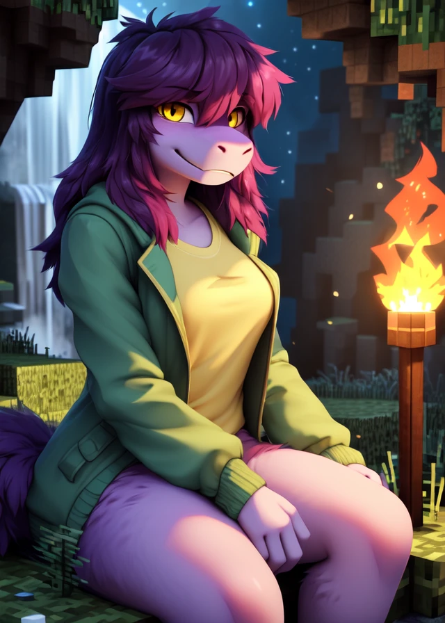 uploaded on e621, ((bby Haps, by Reysi, by Mewgle, by Trevart, Minecraft)),
solo (((susie \(deltarune\)), purple long hair, yellow eyes)),
(blue and white jacket:1.3), (detailed glistening skin),
(three-quarter portrait, three-quarter view, looking at viewer:1.3),
BREAK,
(sitting at cave:1.2), (plant, grass, fog, mist, waterfall, dawn, torch, yellow lighting),
(detailed background, depth of field, half body shadow, sunlight, ambient light on the body, starry),
(masterpiece, best quality, ultra realistic, 4k, 2k, (high detail:1.3),
(3d \(artwork\):1.2), blender \(software\), (sharp focus:1.1), ray tracing, (unreal engine:1.3), absurd res)