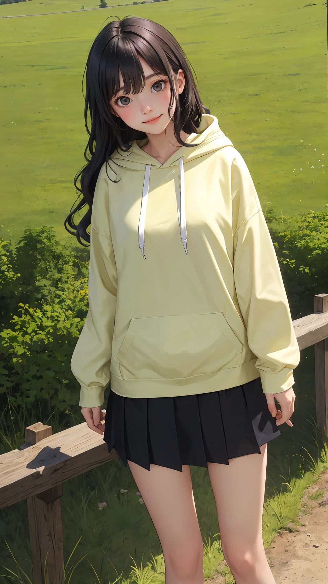 (masterpiece), (best quality), (absurdres), (looking at viewer), (cowboy shot), (happy face:0.7),
day, 
country side, outdoors,
long hair, black hair, natural wavy, side bang, fringe, black eyes,
hoodie with skirt, bare legs, standing,