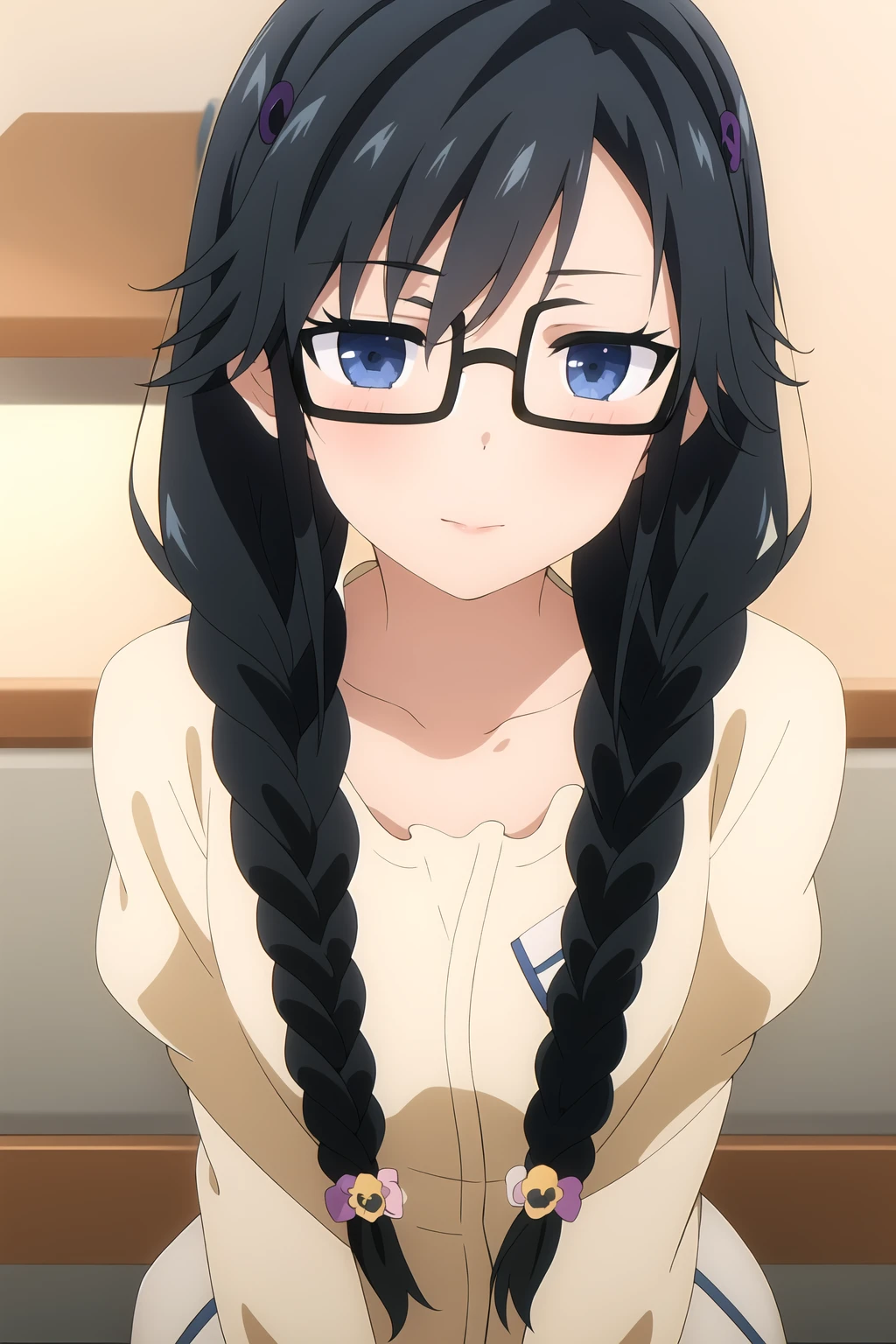 masterpiece, 1girl, pansy, twin braid, glasses