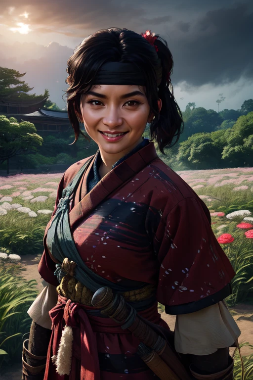 Yuna, black ponytail,
solo, upper body, smiling, standing, facing viewer,
red kimono, black headband,
black, pleated skirt, short sleeves, hair ribbon, brown gauntlets,
13th century Japan, fields, flowers, windy,
(insanely detailed, beautiful detailed face, masterpiece, best quality) cinematic lighting,
<lora:Yuna:0.7>