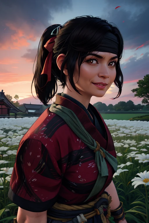 Yuna, black ponytail,
solo, upper body, smiling, standing, facing viewer,
red kimono, black headband,
13th century Japan, fields, flowers, windy,
(insanely detailed, beautiful detailed face, masterpiece, best quality) cinematic lighting,
<lora:Yuna:0.7>