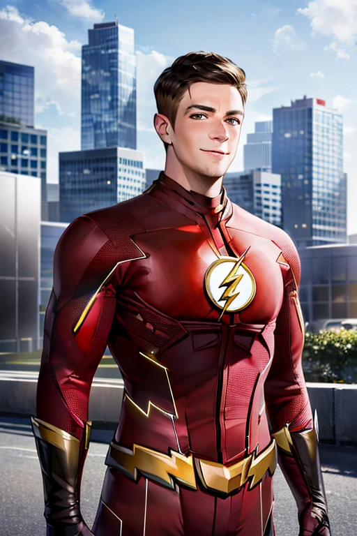 ((masterpiece)), ((best quality)), (ultra-detailed), absurdres, extremely detailed CG unity 8k wallpaper, Official Art, Accurate describe shapes, (realistic), beautiful face, detailed hands, expressive eyes, upper body, ((close-up)), solo, (city, scenery, dramatic light, illustration:1.1), (standing, superhero, smile:1.2), (1boy, mature male, muscular male, brown hair, black eyes, short hair:1.4), (red bodysuit, the flash suit, thunder symbol:1.3), ((masterpiece)), absurdres, HDR <lora:epi_noiseoffset2:0.7> <lora:GoodHands-beta2:1> <lora:TheFlash-07:0.7>