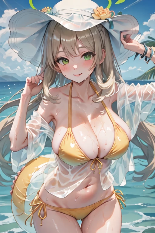 best quality, masterpiece, highres, solo, {nonomi_bluearchive:1.15}, long_hair, bangs, halo, blush, green_eyes, breasts, smile, large_breasts, swimsuit, bikini, yellow_bikini, collarbone, open_mouth, cleavage, hat, sun_hat, white_headwear, light_brown_hair, 1girl, blue_sky, cloud, day, hair_bun, looking_at_viewer, ocean, outdoors, sky, wet, single_hair_bun, wet_clothes, bare_shoulders, see-through, beach, hands_up, huge_breasts, side-tie_bikini_bottom, closed_mouth, front-tie_top, upper_body