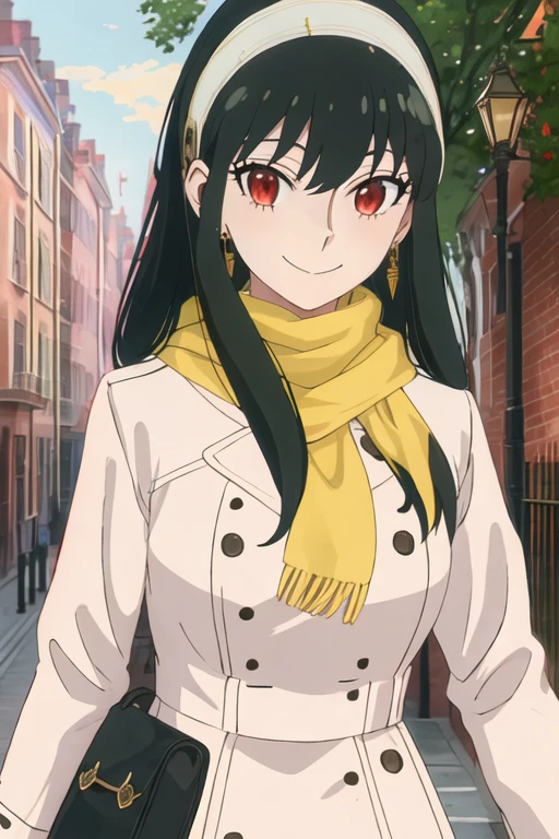 best quality, masterpiece, highres, solo, {yor_briar_spyxfamily:1.15}, black_hair, hairband, red_eyes, sidelocks, white_hairband, jewelry, earrings, bangs, long_hair, 1girl, closed_mouth, scarf, smile, yellow_scarf, coat, red_coat, outdoors, upper_body, tree, looking_at_viewer