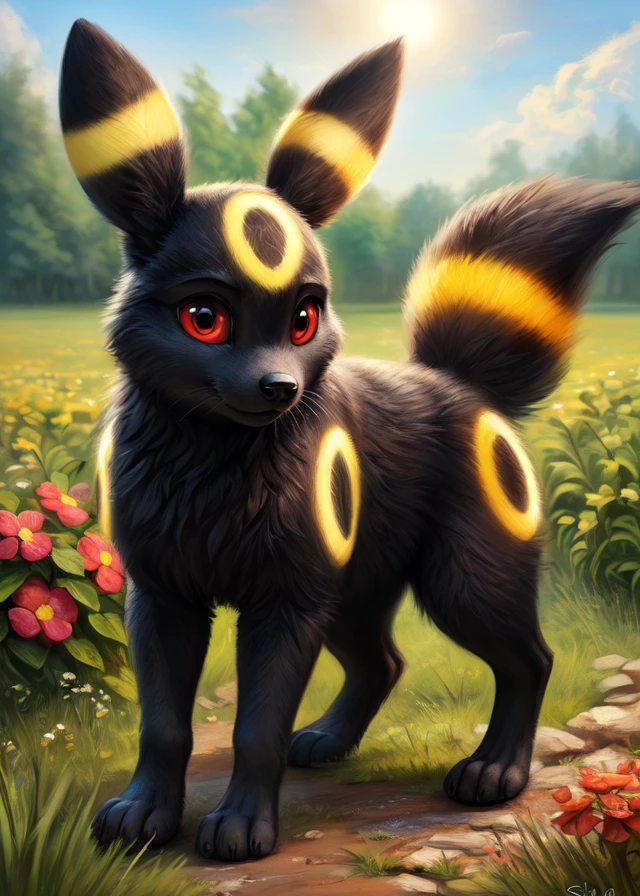 uploaded on e621, ((by Harriet Backer, by S1M, by The Giant Hamster, by Reylia Slaby)),
solo (quadruped feral:1.4), (((Umbreon), grey black body, red eyes)),
((detailed fluffy fur)), (full-length portrait, looking at viewer),
BREAK,
(grass, plant, flower, sky, cloud),
(detailed background, depth of field, half body shadow, sunlight, ambient light on the body),
(masterpiece, best quality, ultra realistic, 4k, 2k, (intricate:0.9), (high detail:1.4), film photography, (soft focus:1.2),
RAW photo, photorealistic, analog style, subsurface scattering, photorealism, absurd res)