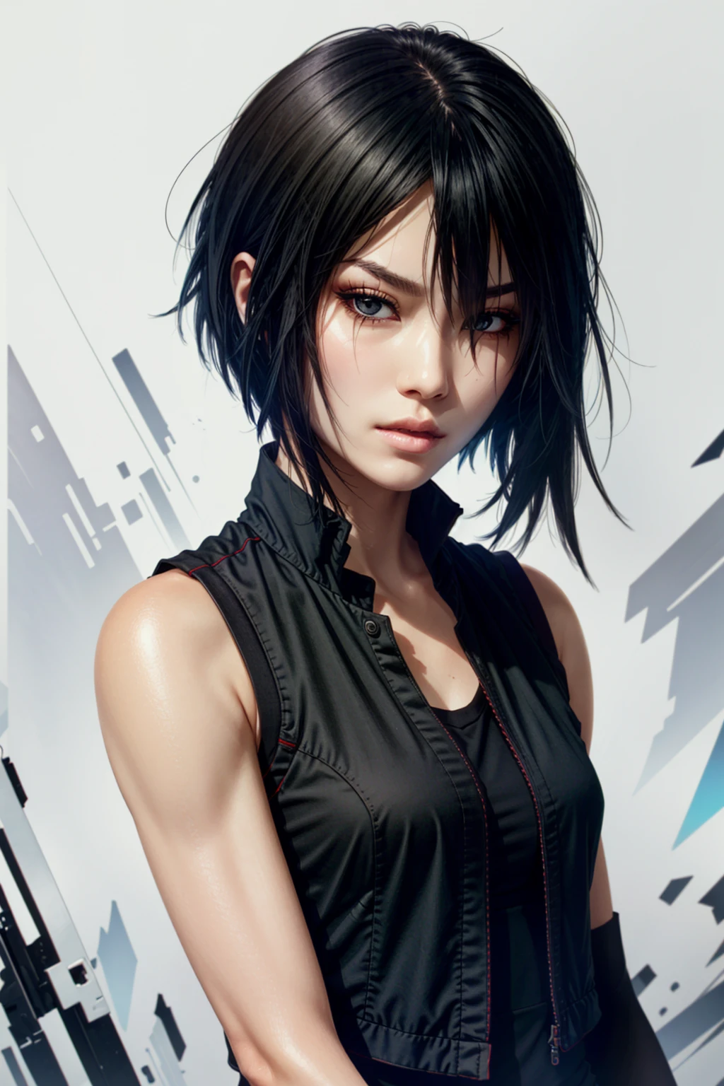 FaithMirror, 1girl, solo, black hair, short hair, realistic, gloves, parted lips, sleeveless, upper body, looking at viewer, bare shoulders, hair over one eye, lips, vest
<lora:epi_noiseoffset2:1>,   <lora:FaithMirror:0.7>