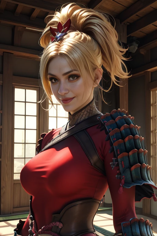 Natsu, blonde hair, ponytail, brown eyes,
japanese armor, red bodysuit, hair ornament, gloves ,
solo, upper body, smile, standing,
open dojo, sunlight,
(insanely detailed, beautiful detailed face, masterpiece, best quality) cinematic lighting,
<lora:Natsu:0.7>