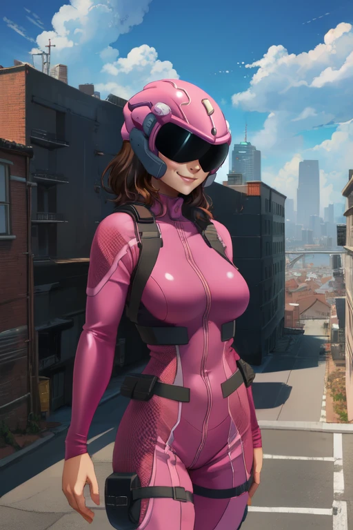 wingdiver, brown hair, brown eyes, smile,
pink bodysuit, skin tight, pink helmet, visor,
standing,
solo,
clouds, rooftop, city,
(insanely detailed, beautiful detailed face, masterpiece, best quality) cinematic lighting,
<lora:wingdiver:0.8>