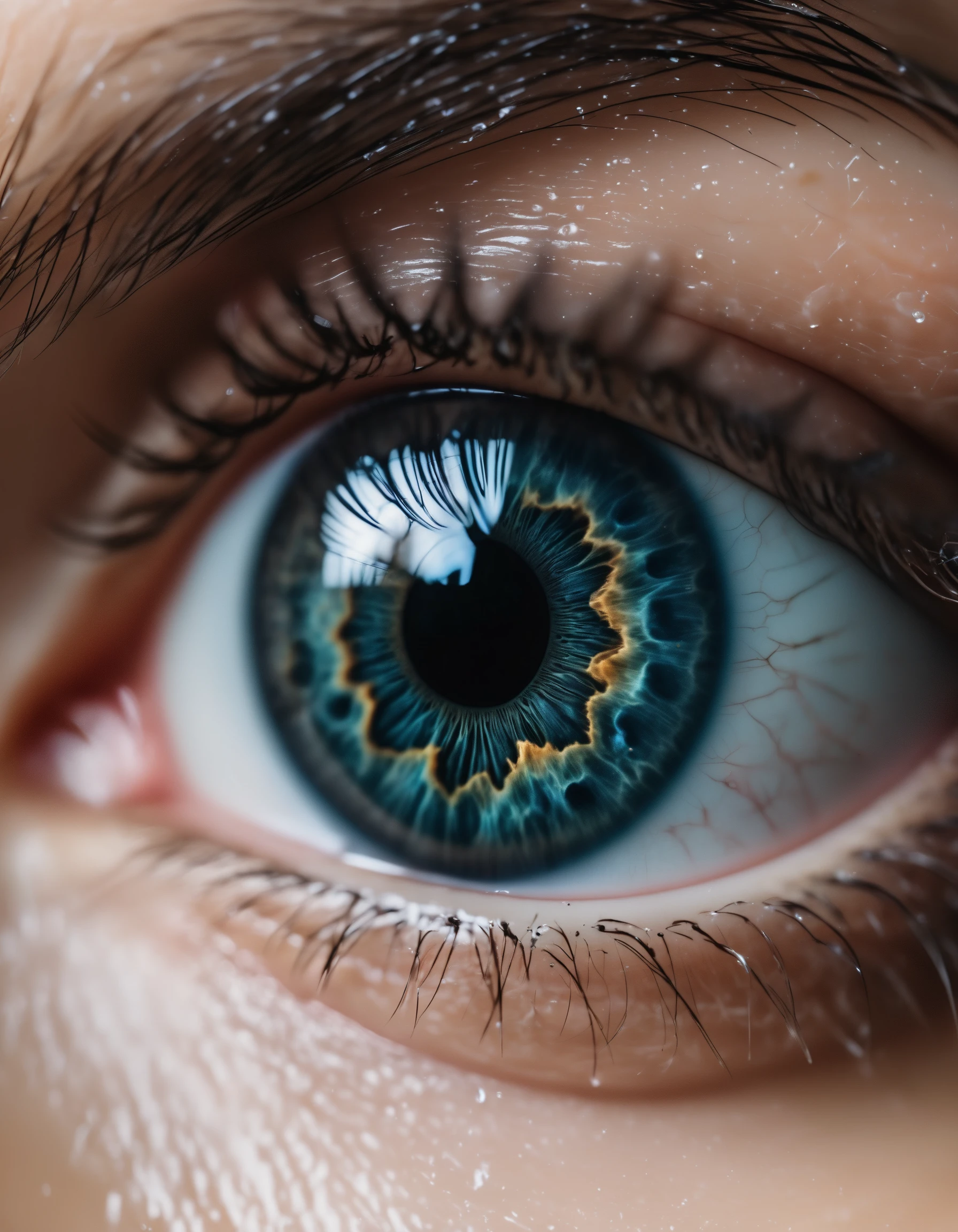 A close-up of a human eye where the iris is replaced by a swirling vortex of water, intricate accurate details, capturing the reflections and sense of depth, 8K