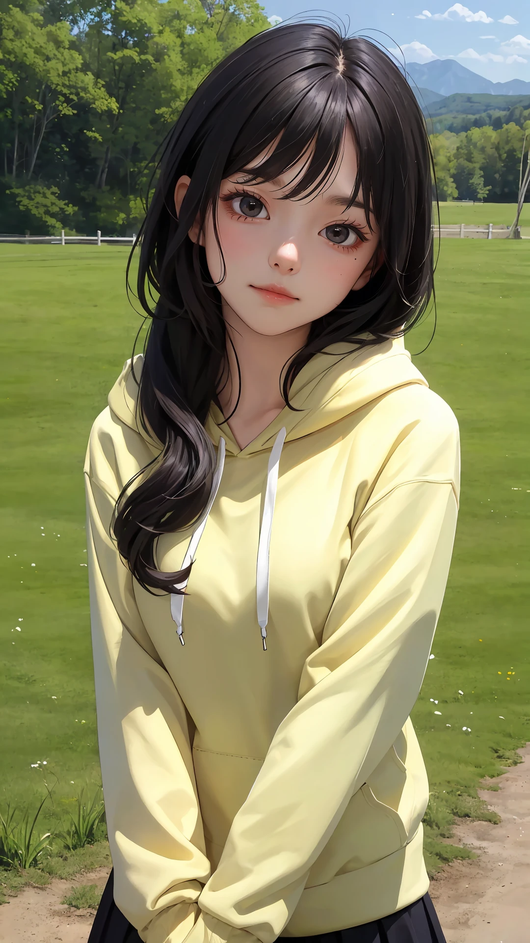 (masterpiece), (best quality), (absurdres), (looking at viewer), (upper body), peaceful face,
day,
country side, outdoors,
long hair, black hair, natural wavy, side bang, fringe, black eyes,
hoodie with skirt,