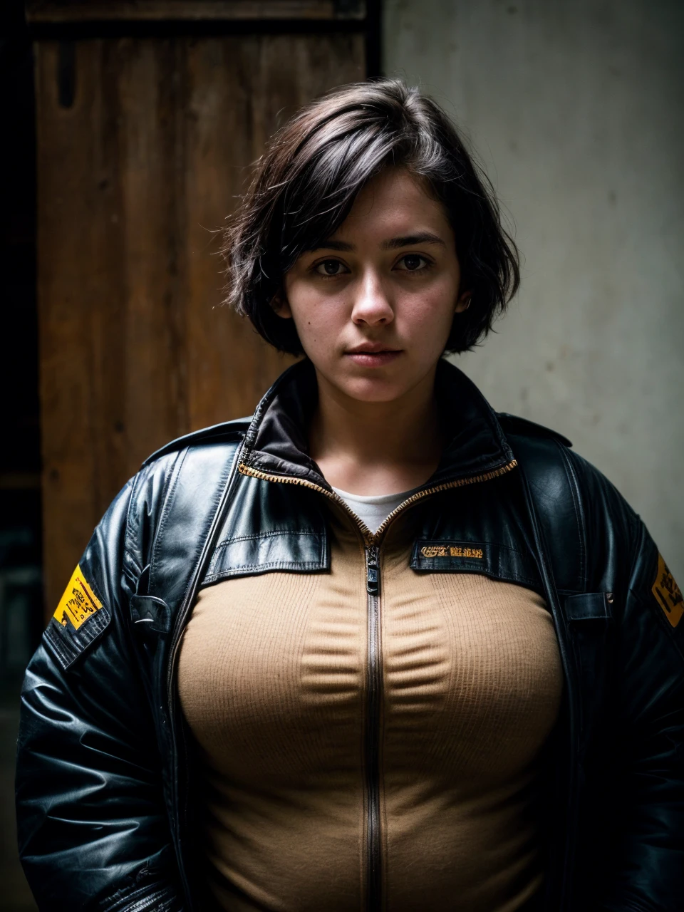 Analogue photo of a young woman age of 21, (heavy worker woman:1.2), (short black hair), (detailed face features), fun person, (wearing protection jacket), in working area, upperbody, rembrandt lighthing, from above (8K, RAW photo, best quality, masterpiece:1.2), (realistic, photo-realistic:1.4), ultra-detailed (grainy:0.2) <lora:add_detail:1> <lora:epi_noiseoffset2:1>