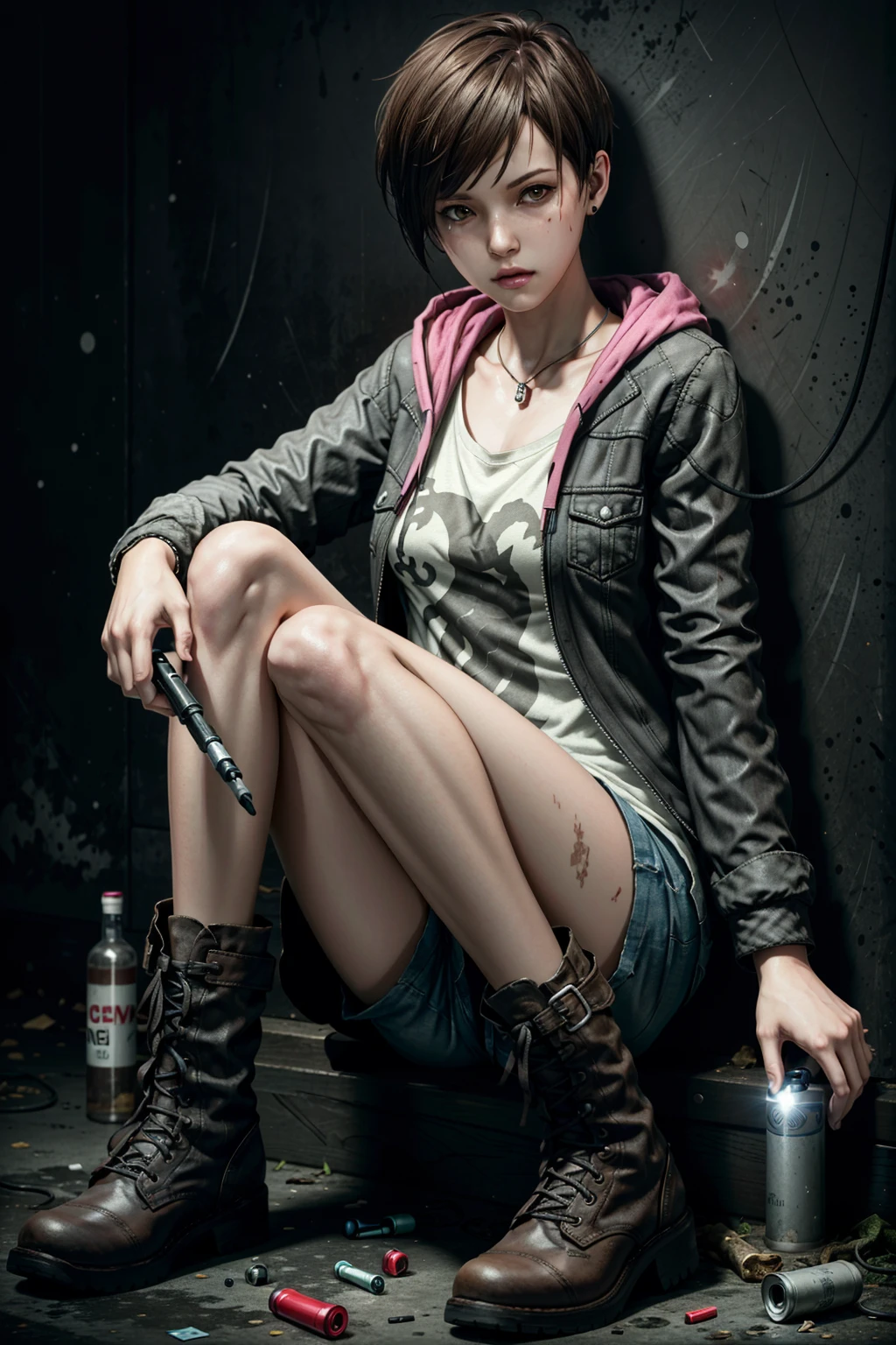 MoiraRE, 1girl, solo, flashlight, short hair, sitting, jacket, shorts, boots, brown hair, hood, realistic, tomboy, against wall, hoodie, spray can, looking at viewer, lips
<lora:epi_noiseoffset2:1>,   <lora:MoiraRE:0.7>