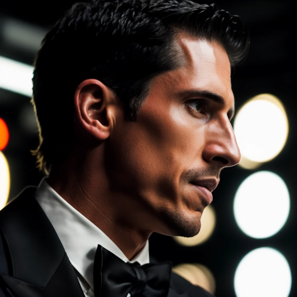 face portrait of jeffcavaliere person using a tuxedo, in blade runner, professional photography, high resolution, 4k, detailed photo, <lora:jeffcavaliere_25200:1>