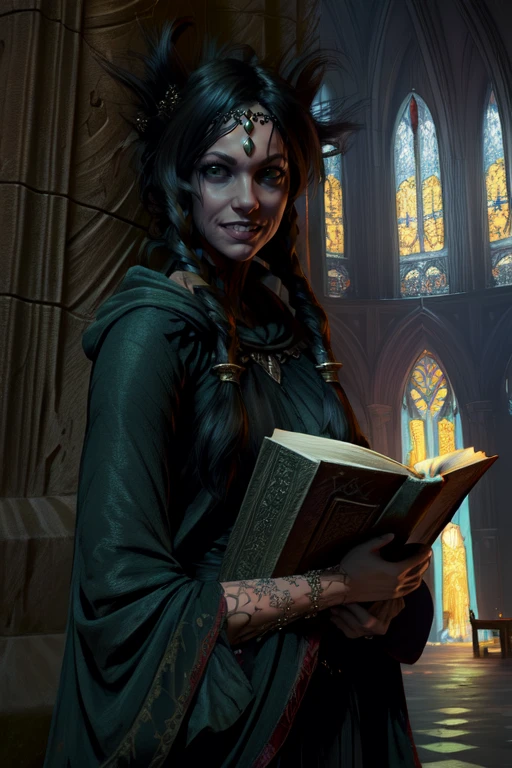 fool,black hair,green eyes,twin braids, tattoo,
black dress, cloak, jewelry, barefoot, circlet, extra arms,
upper body, smile, facing viewer, holding book,
cathedral, dark, moonlight, indoors,
(insanely detailed, beautiful detailed face, masterpiece, best quality) cinematic lighting,
<lora:fool:0.8>