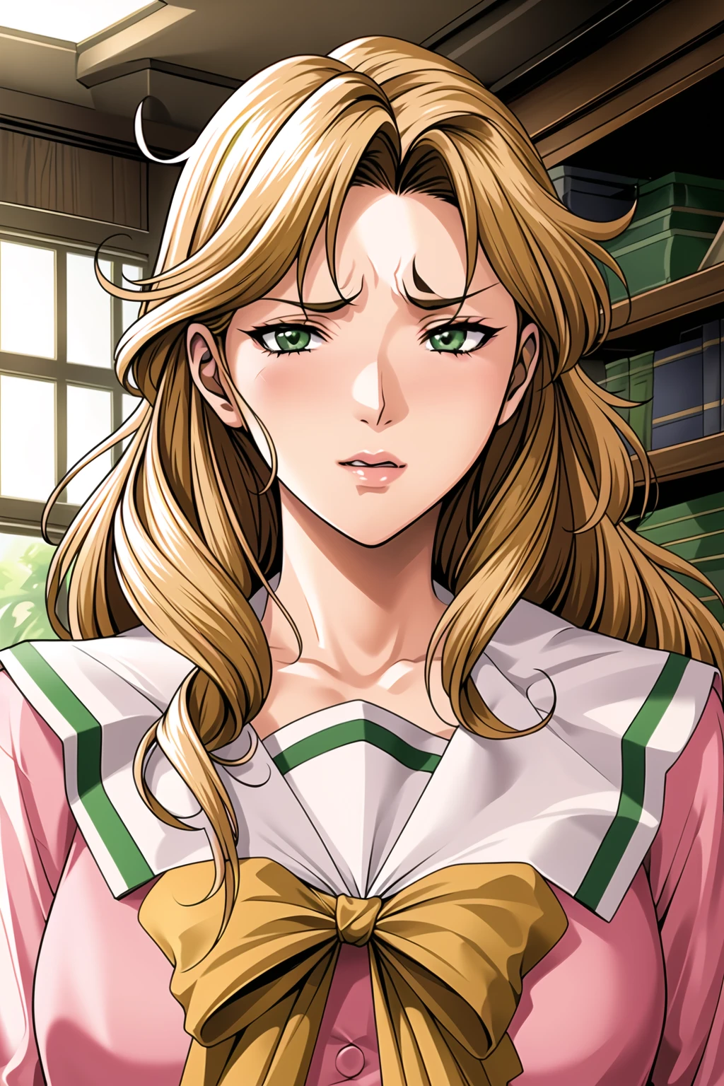a room with a piano and a green screen in the background and a shelf with a musical instrument on it, chair, chalkboard, classroom, desk, indoors,
(pink_jacket:1.1),(Green_pleated skirt),(sailor_collar), school_uniform, serafuku,long_sleeves,Yellow_bowtie,
<lora:Kaori_Maejima_Shuusaku-KK77-V4:0.7>,
blonde_hair,Long_hair,Green_eyes,Bangs,
<lora:Mariana_Luciano_NON_VIRGIN-KK77-V1:0.3>,<lora:more_details:0.1>,
1 girl, 20yo,Young female,Beautiful Finger,Beautiful long legs,Beautiful body,Beautiful Nose,Beautiful character design, perfect eyes, perfect face,expressive eyes,perfect balance,
looking at viewer,(Focus on her face),closed mouth,serious,
official art,extremely detailed CG unity 8k wallpaper, perfect lighting,Colorful, Bright_Front_face_Lighting,shiny skin,
(masterpiece:1.0),(best_quality:1.0), ultra high res,4K,ultra-detailed,
photography, 8K, HDR, highres, absurdres:1.2, Kodak portra 400, film grain, blurry background, bokeh:1.2, lens flare, (vibrant_color:1.2),professional photograph,
(Beautiful,large_Breasts:1.4), (beautiful_face:1.5),(narrow_waist),