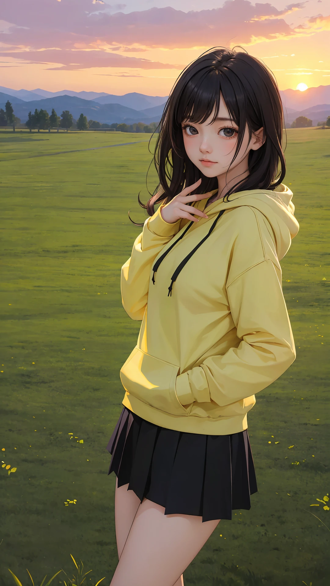 (masterpiece), (best quality), (absurdres), (looking at viewer), (cowboy shot), peaceful face,
sunset,
country side, outdoors,
long hair, black hair, natural wavy, side bang, fringe, black eyes,
hoodie with skirt, bare legs,