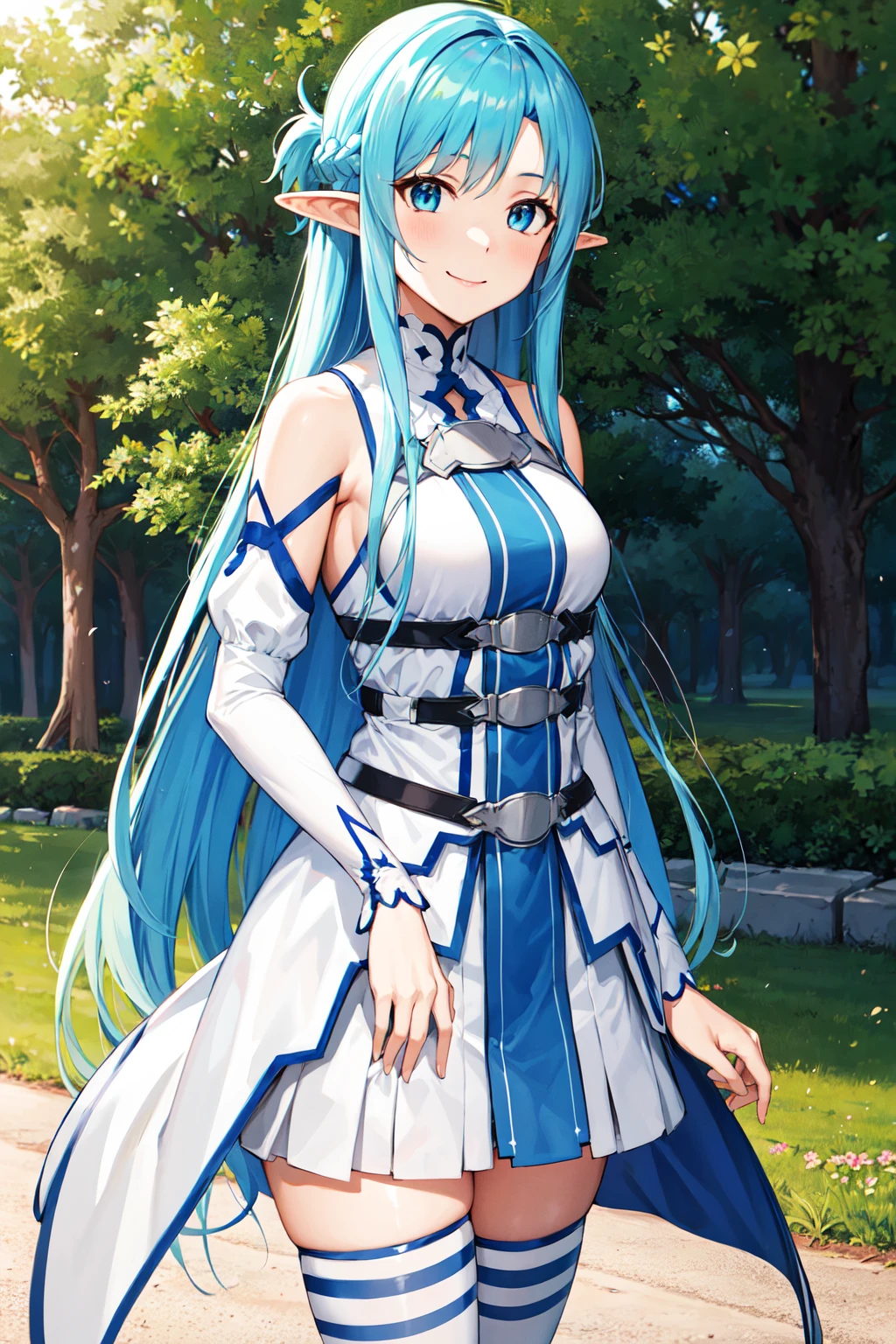 masterpiece, best quality, highres, bbasuna, long hair, blue hair, blue eyes, pointy ears, white dress, detached sleeves, blue thighhighs, <lora:asuna_(sao)_v1:0.7>, standing, cowboy shot, outdoors, smile,