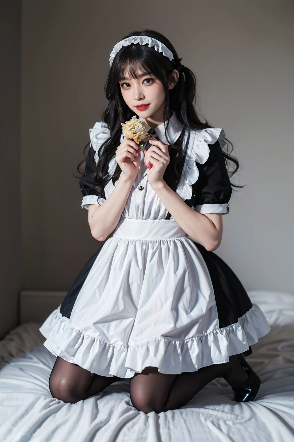 best quality, quality, masterpiece, photorealistic, kneeling, 1girl, solo, full body, maid attire, black pantyhose, high heels, simple background, <lora:maid_attire_v2:0.65>