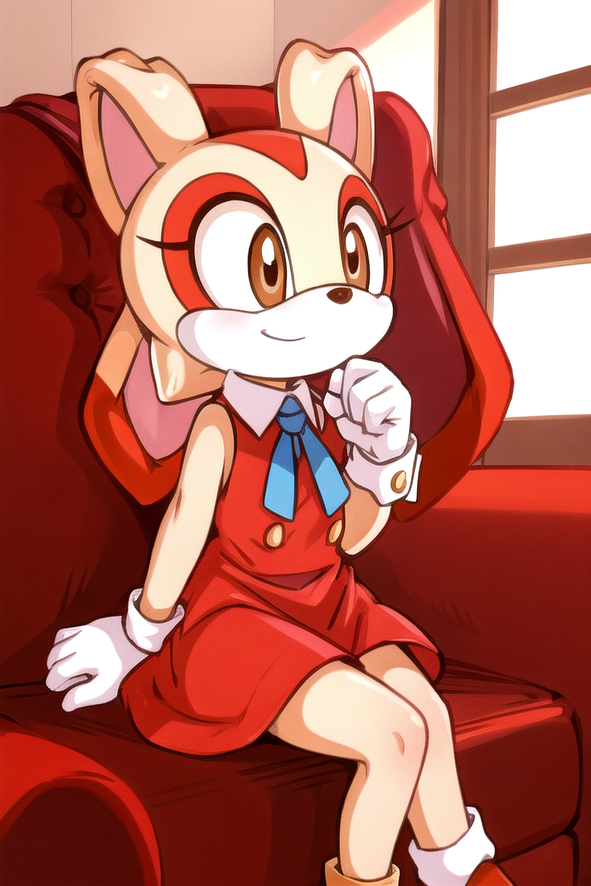 best quality,  <lora:CreamTheRabbit:0.8> cream the rabbit, anthro, red dress,