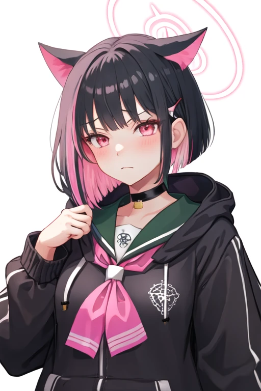 best quality, masterpiece, highres, solo, {kazusa_bluearchive:1.15}, animal_ears, black_hair, multicolored_hair, short_hair, bangs, colored_inner_hair, pink_hair, halo, cat_ears, two-tone_hair, hair_ornament, blush, hairclip, red_eyes, pink_eyes, 1girl, black_choker, black_jacket, choker, hood, hooded_jacket, jacket, looking_at_viewer, sailor_collar, closed_mouth, upper_body, simple_background, white_background, neckerchief, pink_neckerchief, long_sleeves, green_sailor_collar, hood_down
