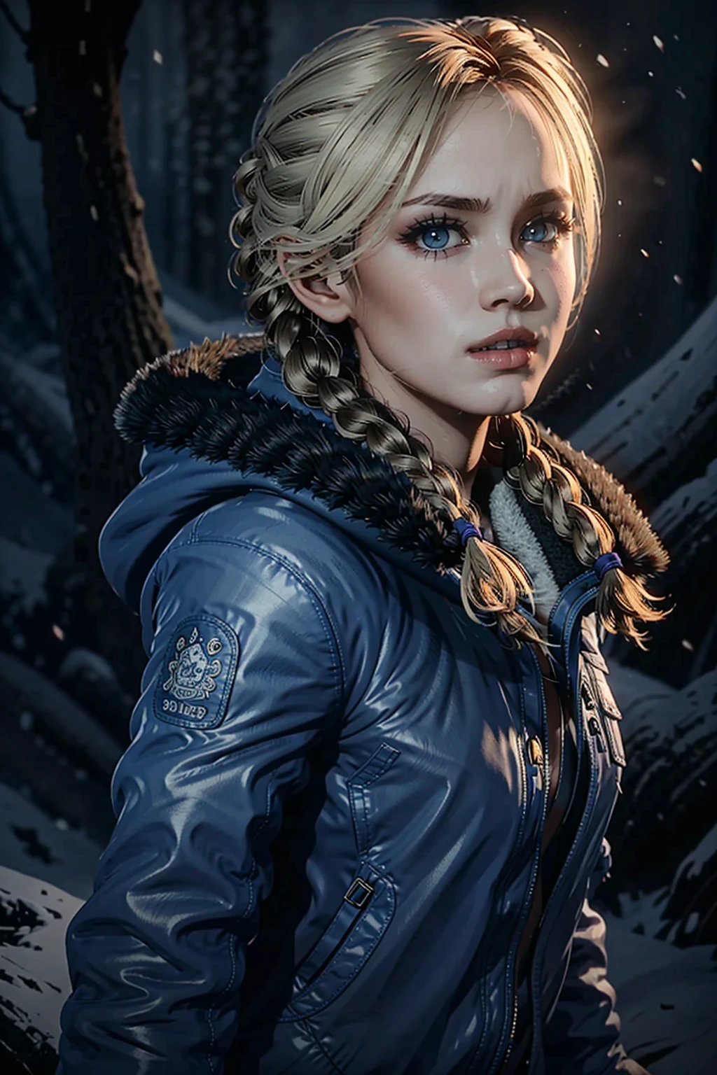 JessicaUntil, 1girl, solo, braid, blonde hair, twin braids, realistic, coat, jacket, long hair, upper body, fur trim, hair over shoulder, dark, hood, blue eyes, blue coat
<lora:epi_noiseoffset2:1>, <lora:JessicaUntil:0.7>