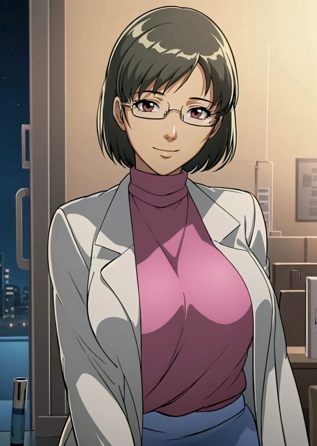 anime style, Aiko Katsuragi, best quality, high resolution, mature female, milf, 1girl, arms lift, large breasts, labcoat, garter belt, makeup, lipstick, brown eyes, folded ponytail, brown hair, cleavage, eyeliner, eyeshadow, (caring look:1.1), smile, look at viewer, (vulgarity:1.4), (nose  blush), medical room, vivid colors, cowboy shot