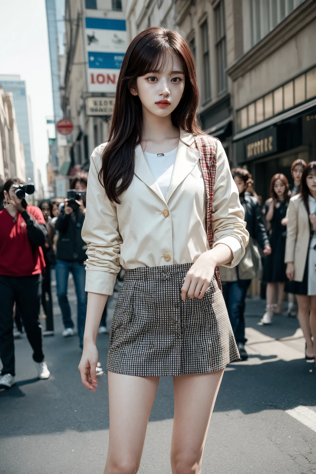 (realistic), (hyperrealism),best quality, masterpiece,ultra high res, (photorealistic:1.4),1girl,pale skin,petite,((skinny,slender legs)),(looking at viewer:2), outdoors ,
(cowboy shot),checkered blazer, striped shirt,checkered skirt, Bastille Day parade, dynamic pose