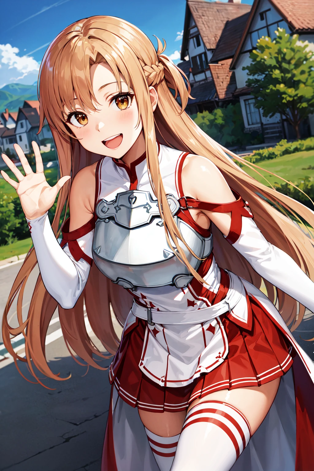 masterpiece, best quality, highres, aaasuna, long hair, brown hair, braid, brown eyes, bare shoulders, armor, breastplate, white sleeves, detached sleeves, red skirt, pleated skirt, white thighhighs, <lora:asuna_(sao)_v1:0.7>, waving, smile, leaning forward, open mouth, town, fantasy