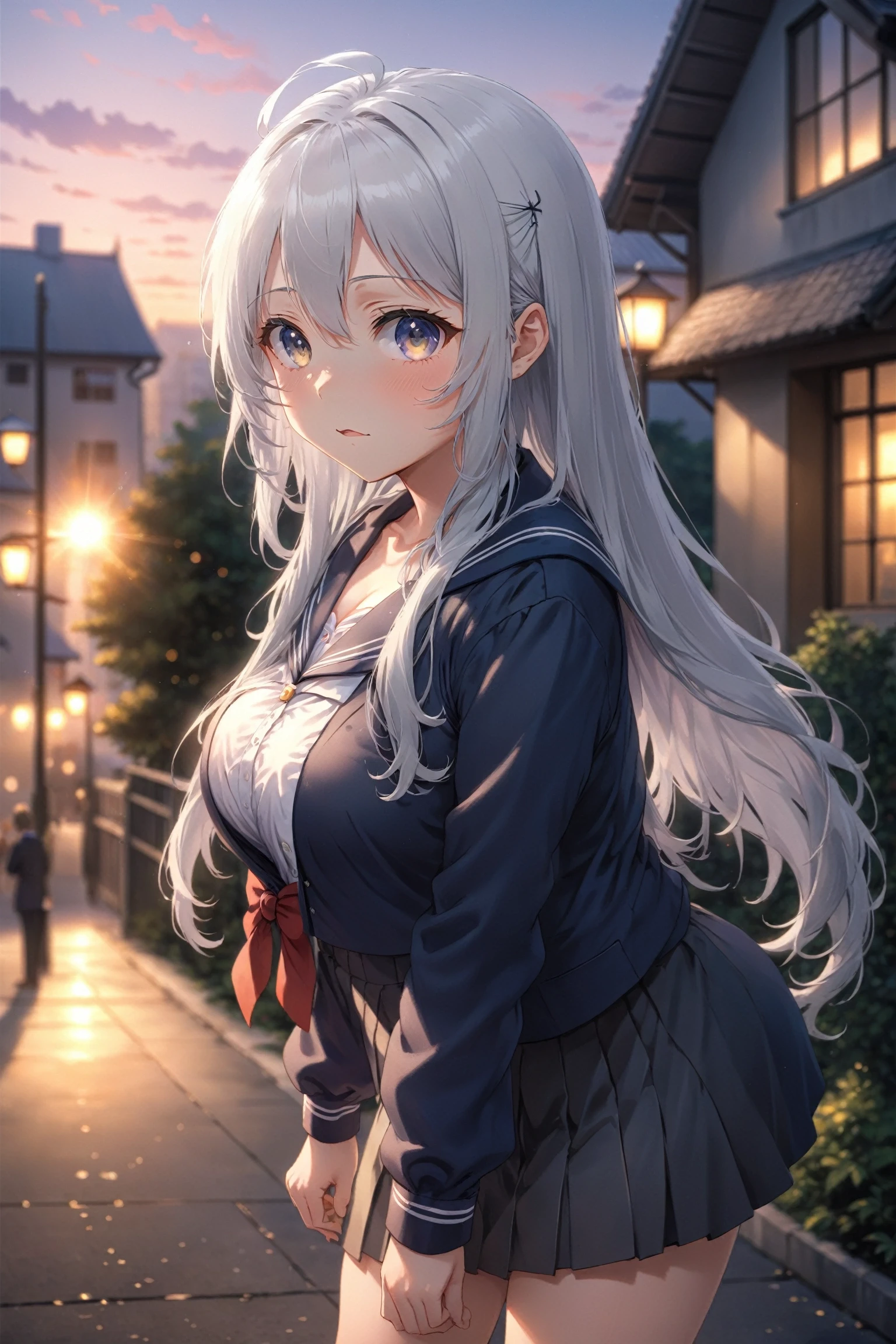 anime, girl, silver hair, long hair, school uniform, leaning forward, large breasts, ', embarrassed, looking at viewer, school, outdoors, afternoon, dusk, scenery, Bokeh