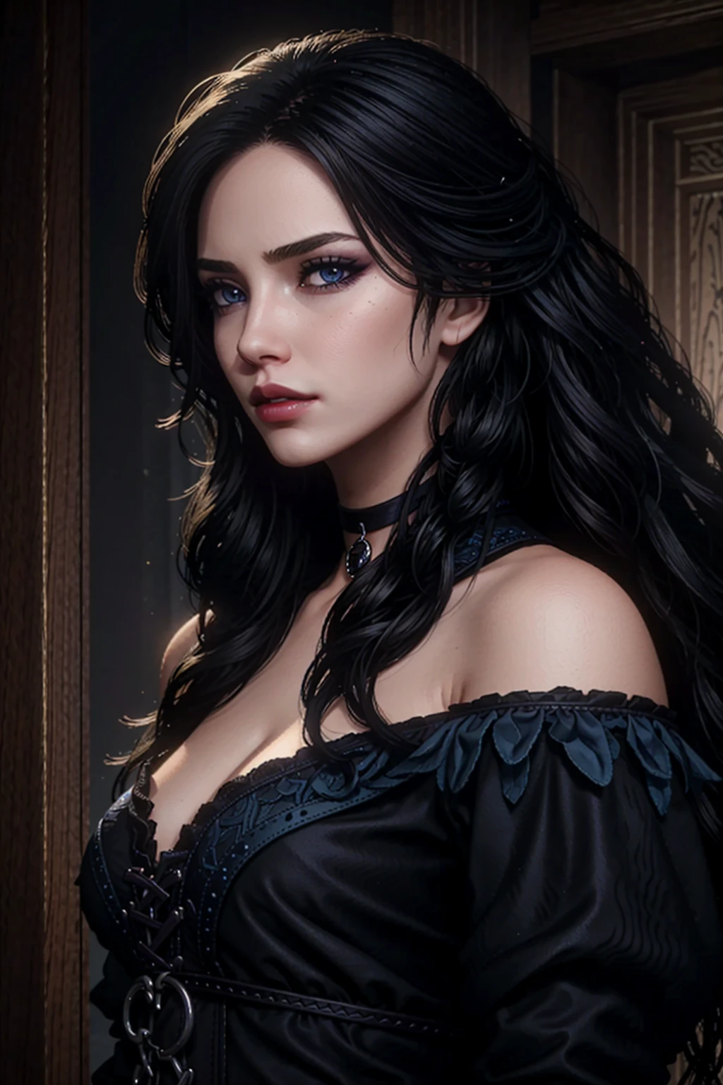 YenneferWitcher, 1girl, black hair, solo, choker, long hair, purple eyes, looking at viewer, black choker, makeup, lips, closed mouth, lipstick, blue eyes, upper body
<lora:epi_noiseoffset2:1>, <lora:YenneferWitcher:0.7>