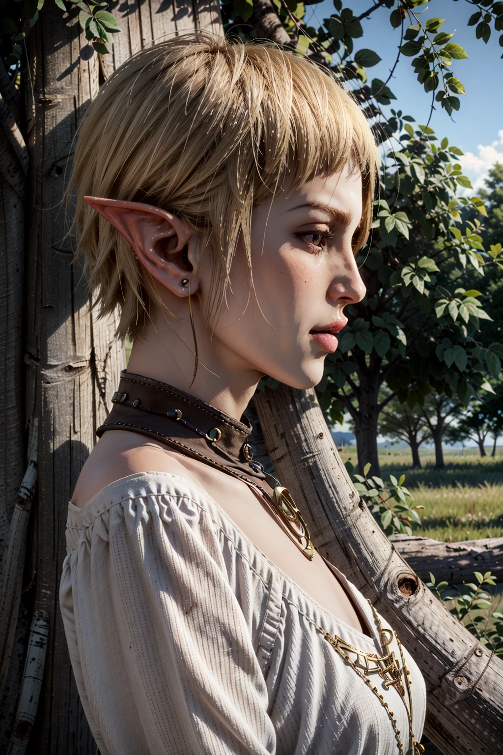 SeraDA, 1girl, solo, pointy ears, realistic, short hair, elf, blonde hair, lips, profile, upper body, outdoors, jewelry, tree, nose
<lora:epi_noiseoffset2:1>, <lora:SeraDA:0.7>