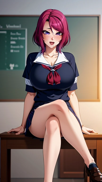 Masterpiece, best quality,Nozomi Tojo, cowboy shot,low twintails ,big breasts, unbuttoned shirt , skirt,earrings, in class, sitting above desk table, love live style , one breast out ,wink, showing her panties 