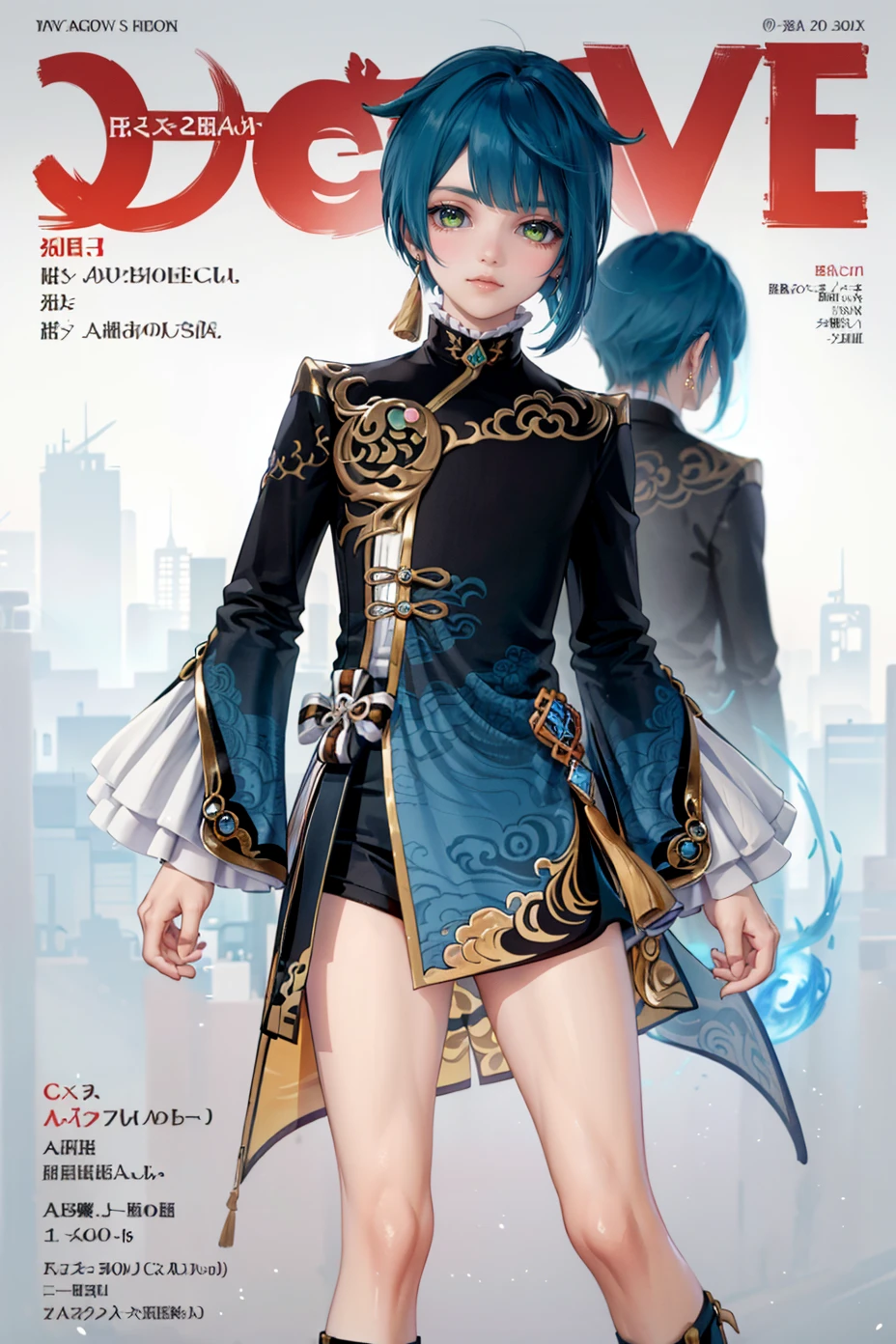 (8k, best quality, masterpiece), ultra-detailed, (high detailed skin),
contrapposto, male model, (hot:0.7), fine fabric emphasis, wall paper, crowds, fashion, Lipstick, depth of field, street, in public, Magazine cover, (title), (Magazine cover-style illustration of a cool man), posing in front of a colorful and dynamic background. (The text on the cover should be bold and attention-grabbing, with the title of the magazine and a catchy headline),
xingqiu, 1boy, male focus, blue hair, boots, big breasts, chinese clothe, jewelry, earrings, frilled sleeves, long sleeves, bangs, yellow eyes, frills, single earring, xingqiu \(genshin impact\),
<lora:EnvyBetterHands LoCon_beta2 è¾
å©:1>, (good hands,nice hands:0.6),
(beautiful_face), ((intricate_detail)),
((finely_detailed)), fine_fabric_emphasis,
((glossy)),