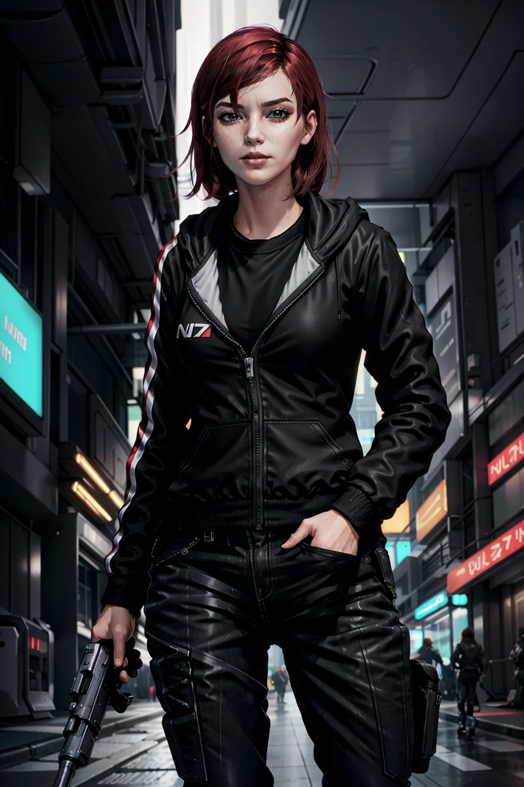 FemaleShepardME, 1girl, solo, jacket, neon lights, pants, black pants, gun, black jacket, weapon, black shirt, cyberpunk, blurry background, handgun, red hair, zipper, shirt, standing, black hair, blurry, long sleeves, looking at viewer, long hair
<lora:epi_noiseoffset2:1>,  <lora:FemaleShepardME:0.7>