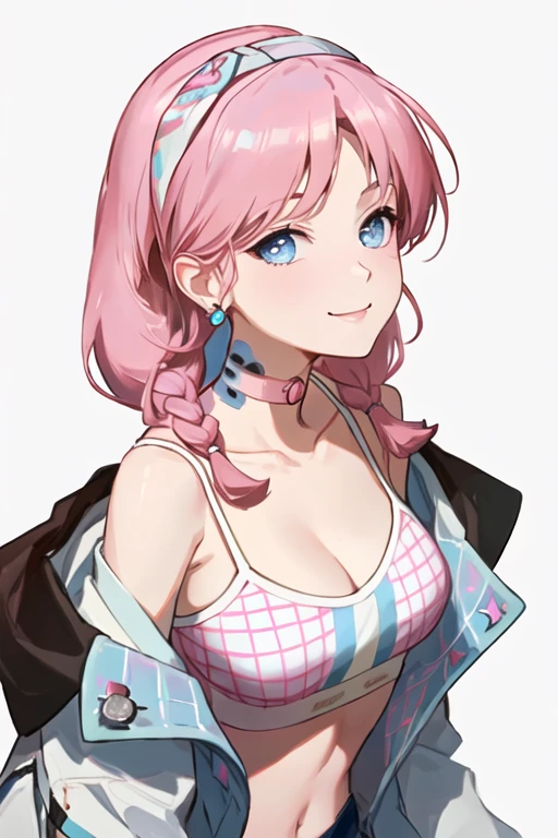 best quality, masterpiece, highres, solo, {blue_poison_arknights:1.15}, blue_eyes, pink_hair, bangs, long_hair, braid, twin_braids, hairband, earrings, jewelry, breasts, upper_body, 1girl, looking_at_viewer, official_alternate_costume, portrait, choker, pink_choker, bare_shoulders, smile, collarbone, o-ring_choker, simple_background, white_background, closed_mouth, spaghetti_strap
